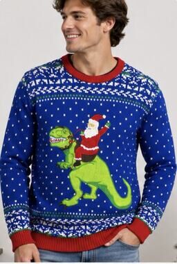 33 Degrees Santa Riding T-Rex Ugly Christmas Sweater Mens XL Blue Holiday